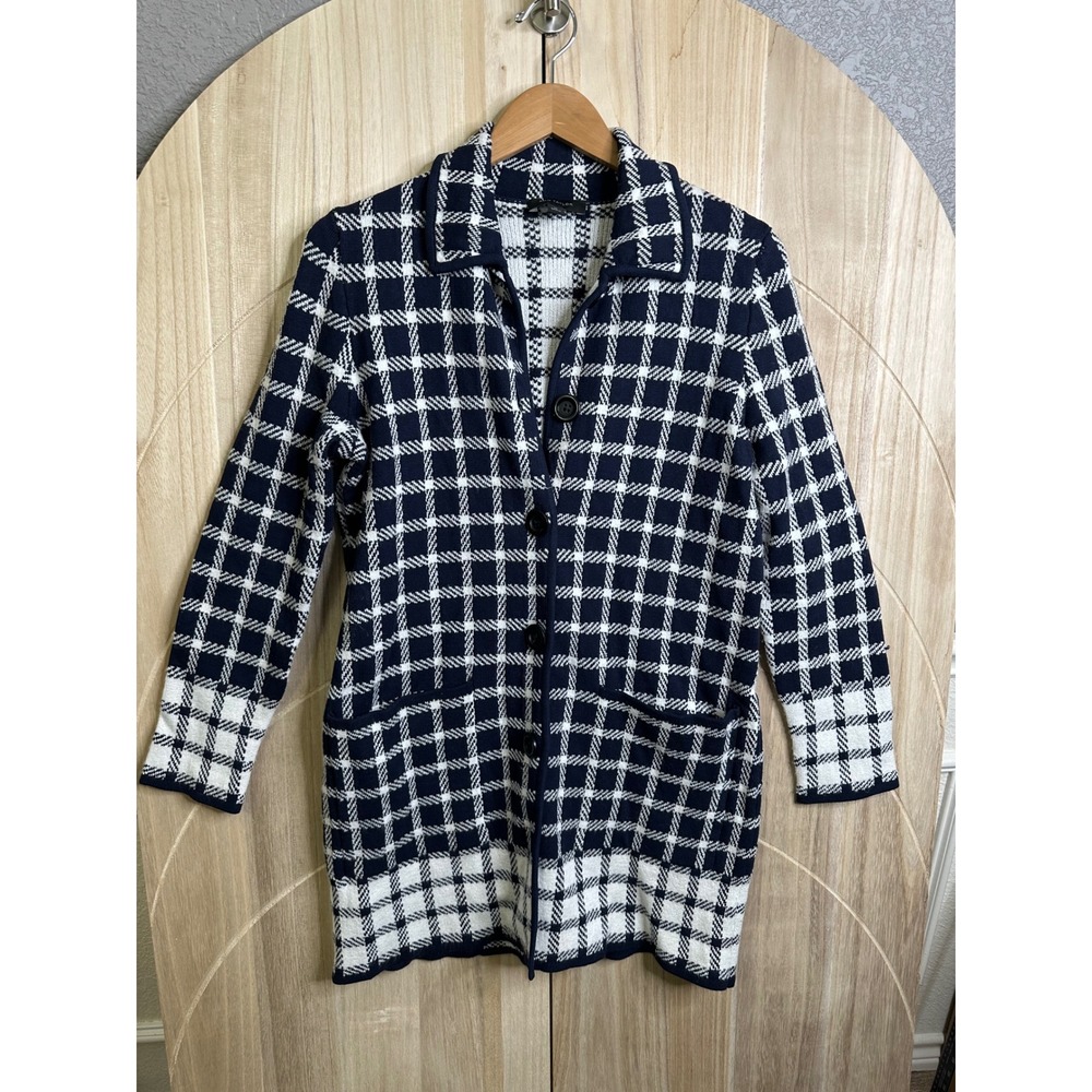 Ann Taylor‎ Navy White Plaid Longline Cardigan Sweater Jacket XS